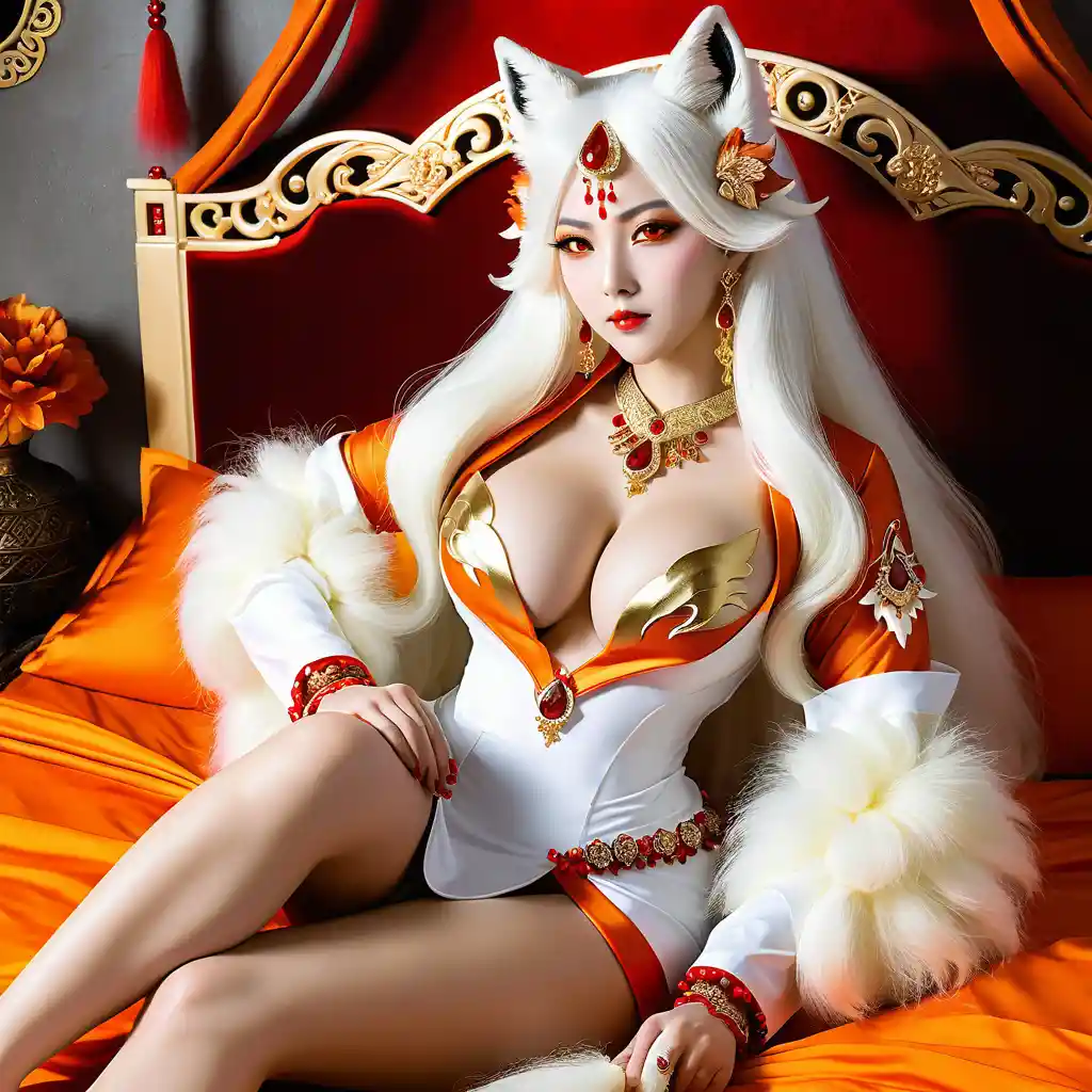 Elegante mujer espíritu de zorro de cabello blanco en cama lujosa