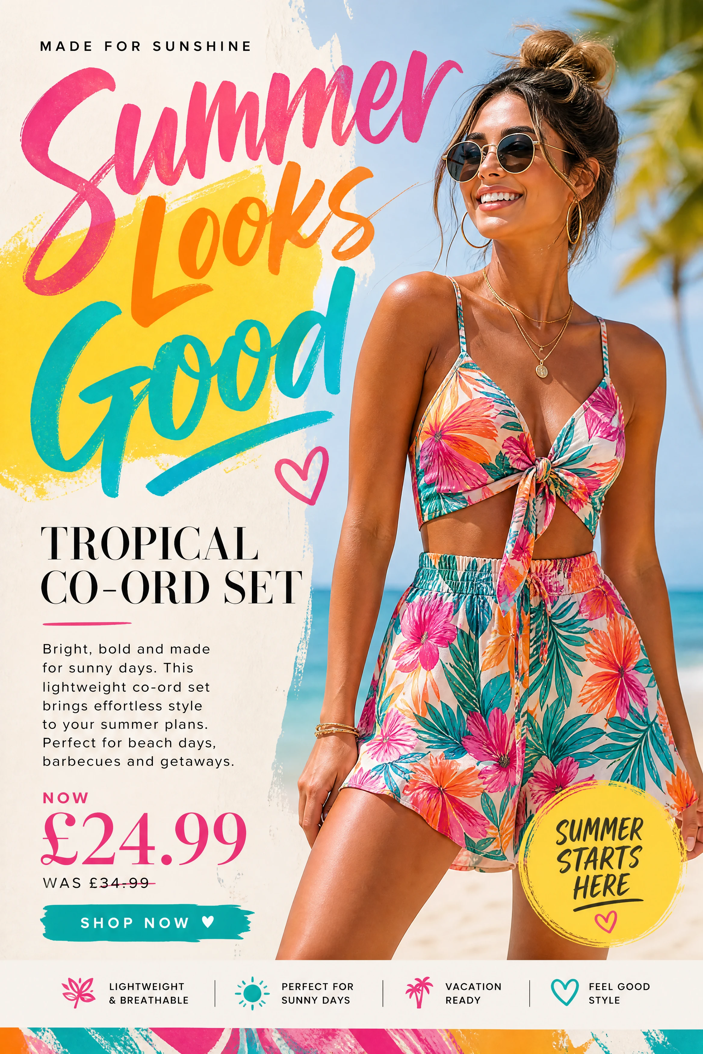 Giovane donna alla moda in layout pubblicitario di beachwear colorato