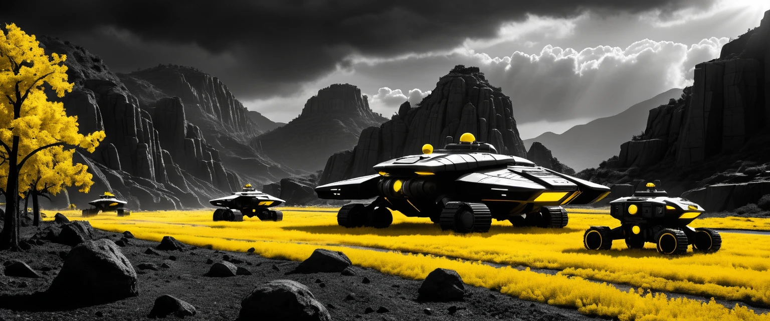Black and white sci fi soldiers in canyon stronghold