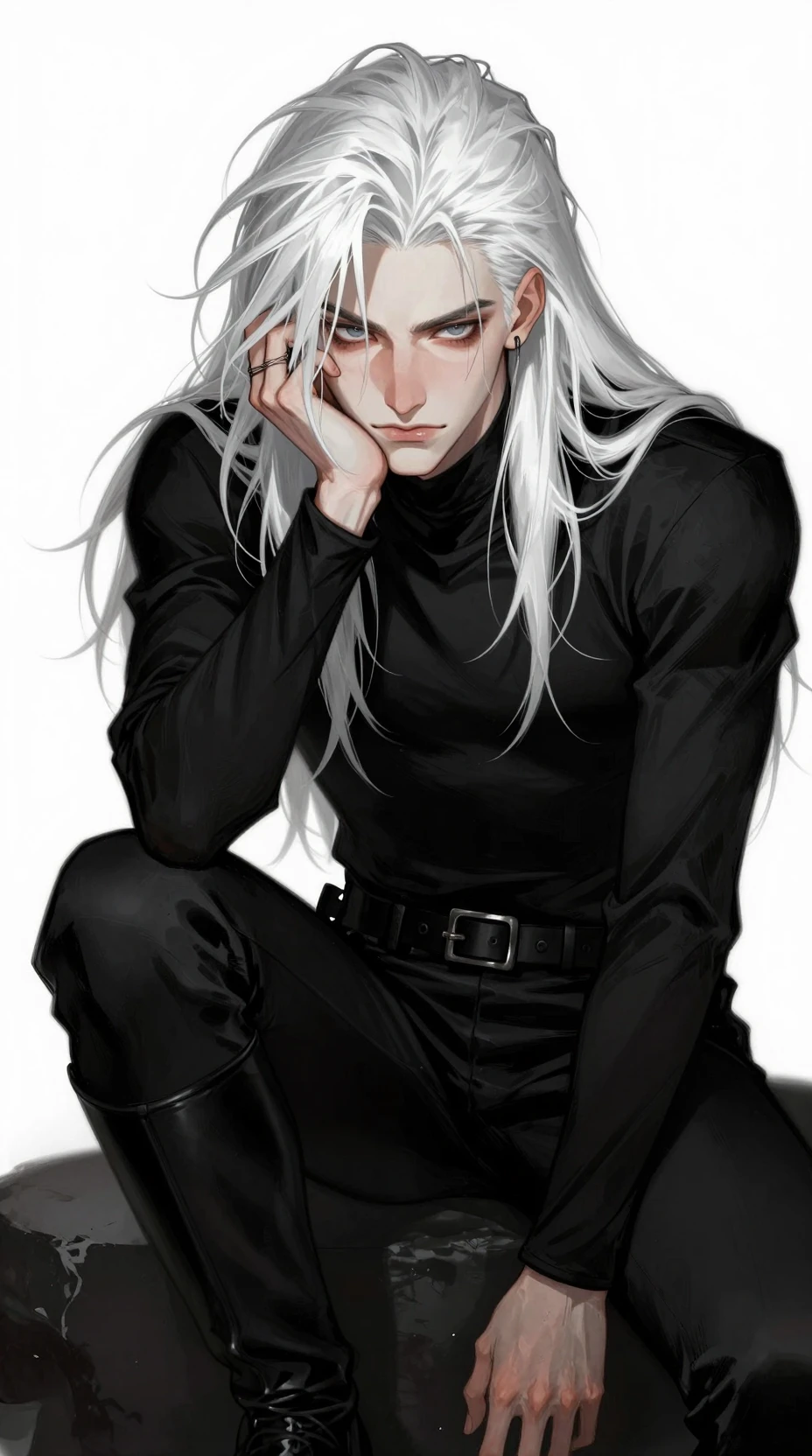 Pale dark lord with unruly hair and piercing blue gray eyes