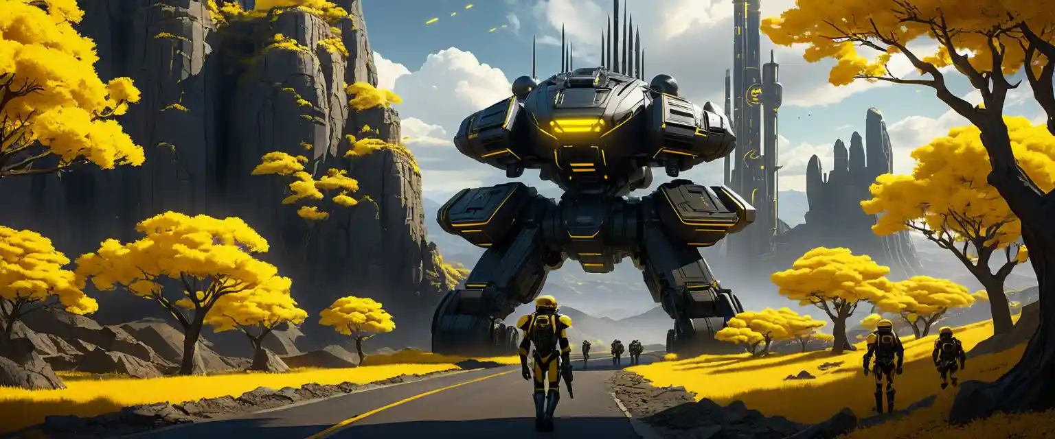 Isekai anime soldiers in a futuristic sci fi canyon