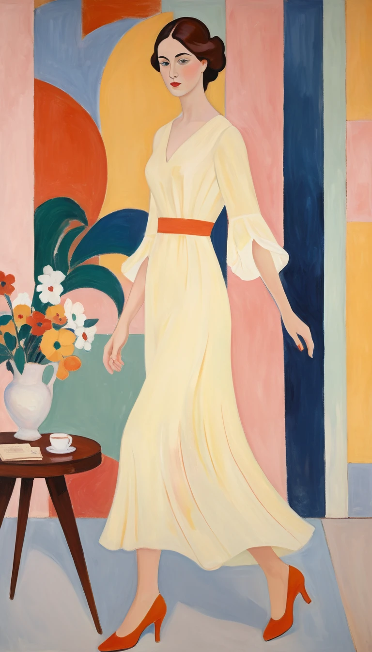 Mujer elegante con vestido amarillo pálido frente a mural abstracto