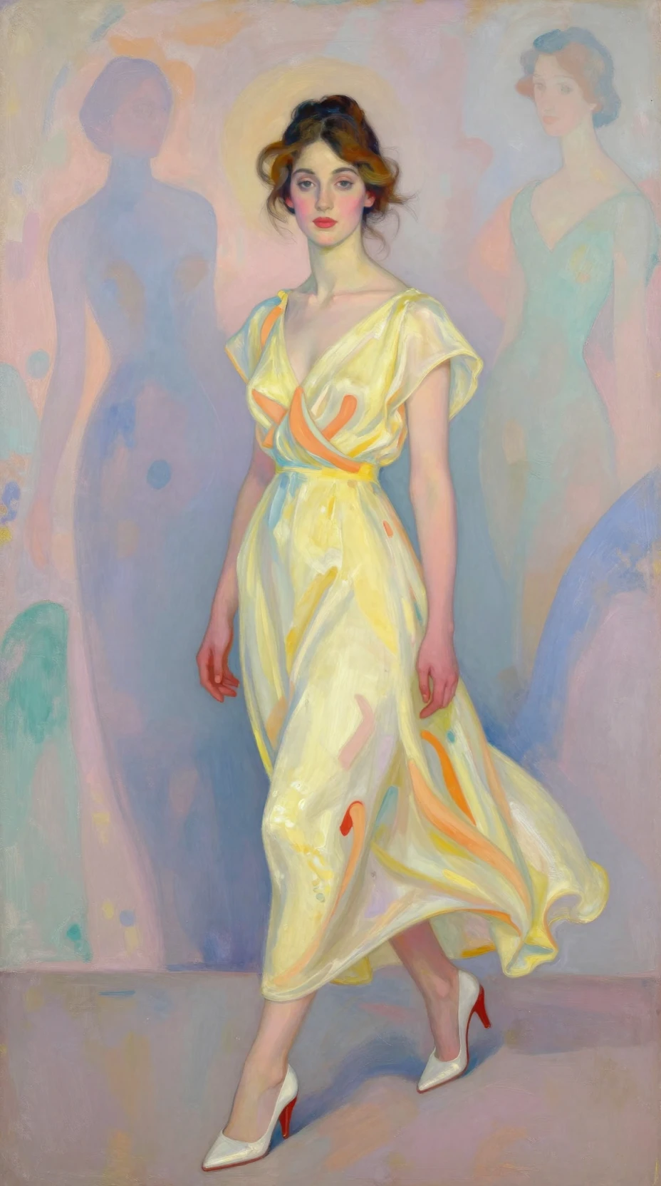Mujer elegante con vestido amarillo pálido frente a un mural en tonos pastel