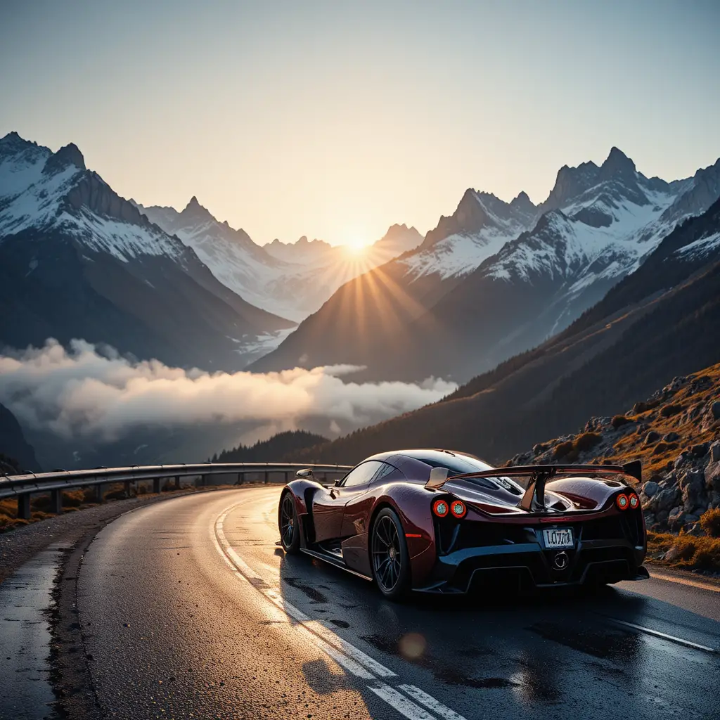 Pagani Huayra en una carretera de montaña mojada al amanecer