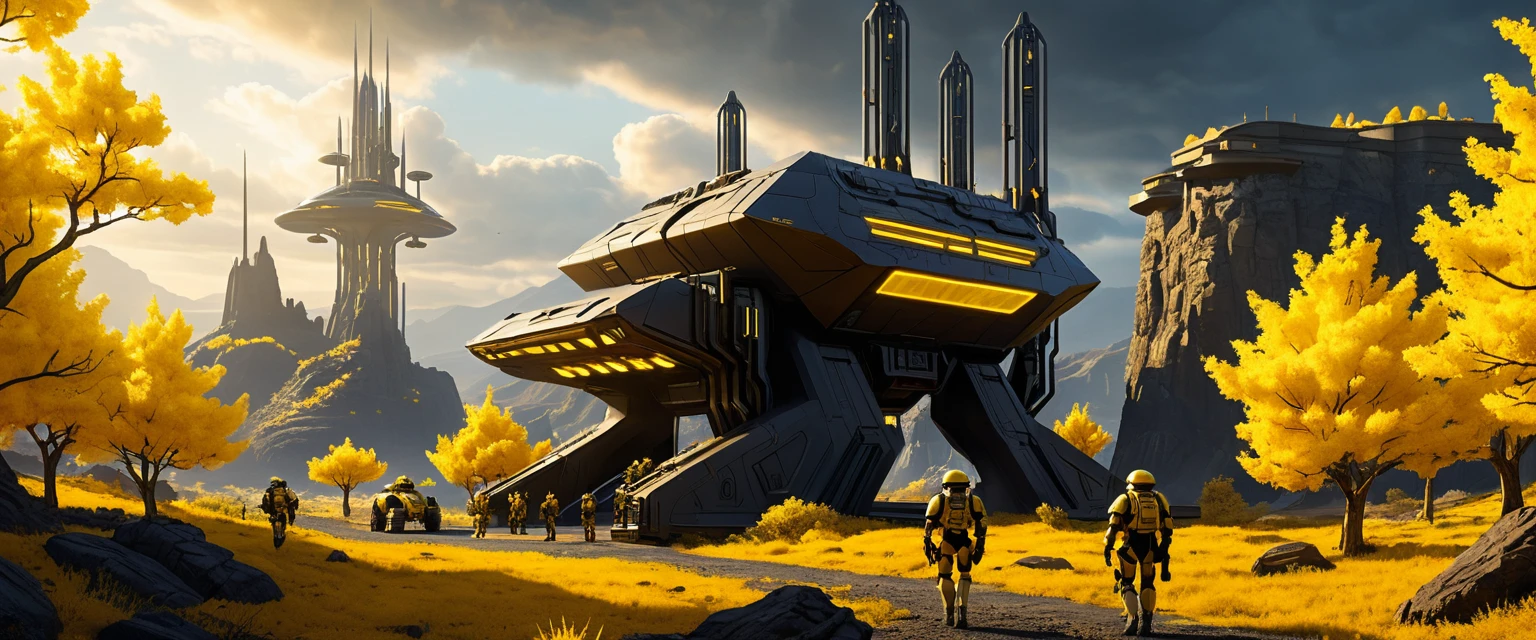 Futuristic soldiers in a sci fi canyon research base