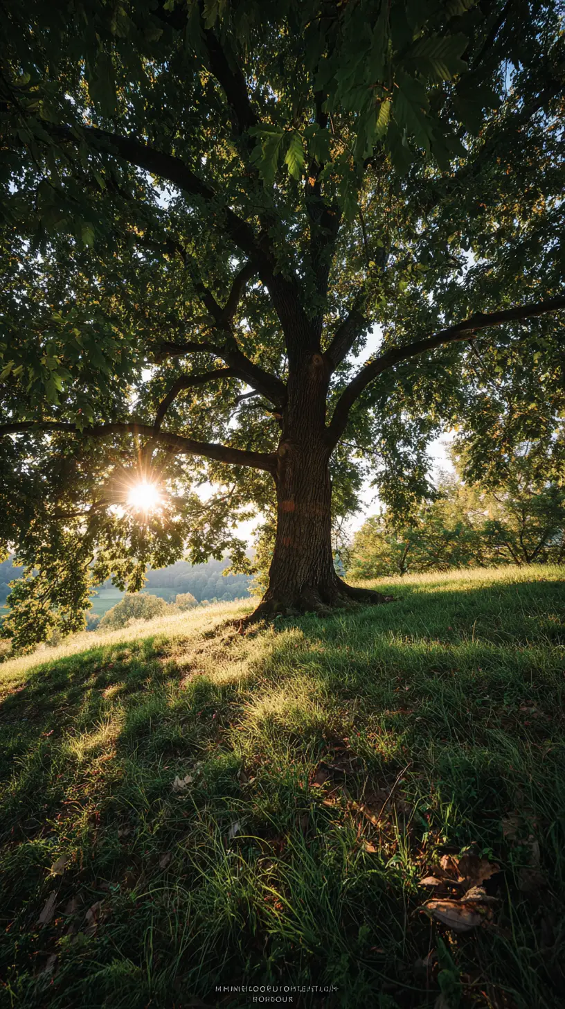 Árbol solitario en una colina al amanecer con una ardilla descansando