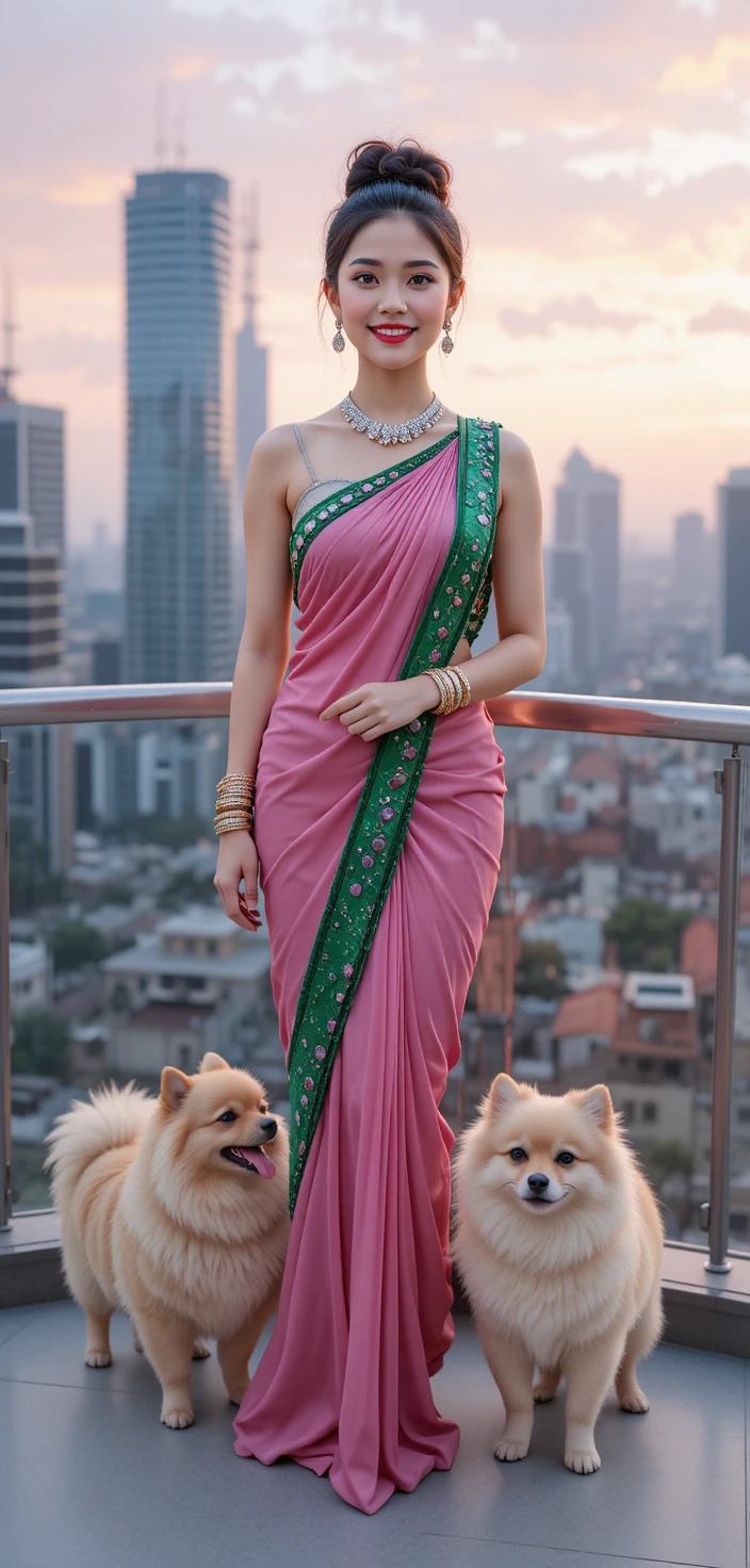 Mujer Sonriente en un Balcón con Perro al Atardecer Rosa