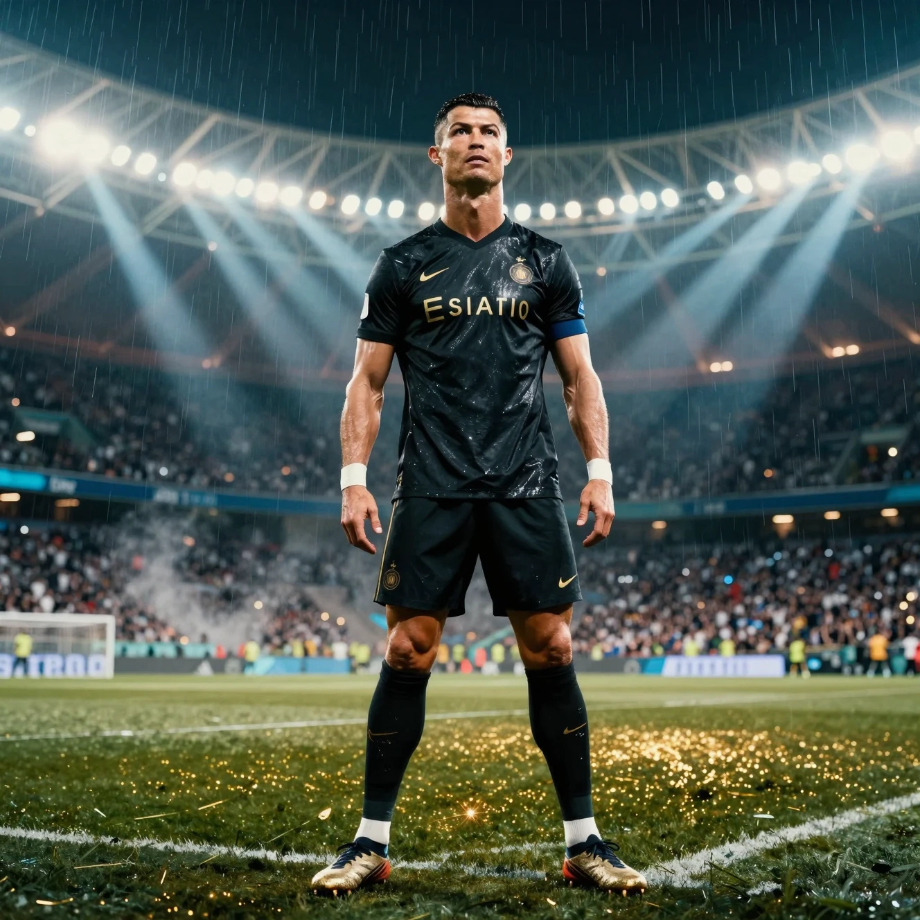 Cinematisches Porträt eines Fußballstars in einem regnerischen Stadion