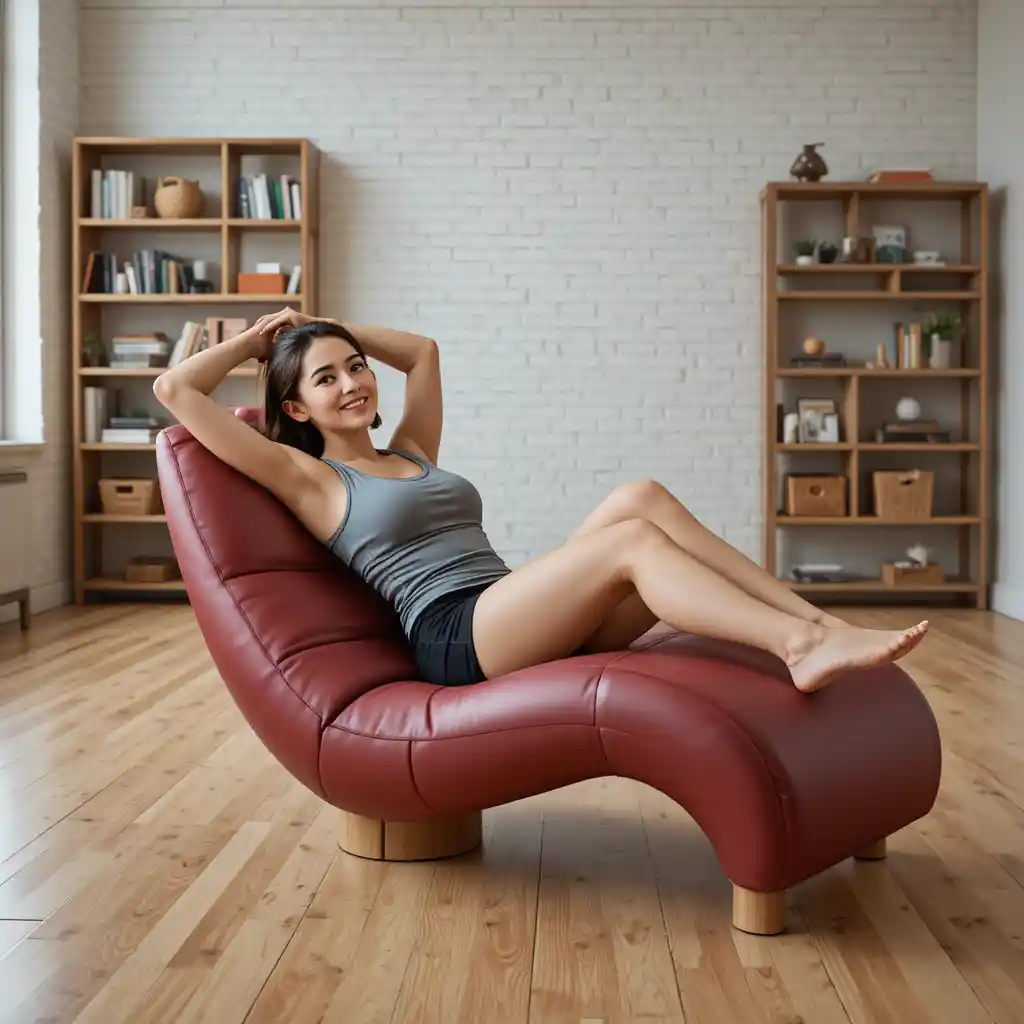 Jovem mulher relaxando em uma espreguiçadeira ergonômica vermelha