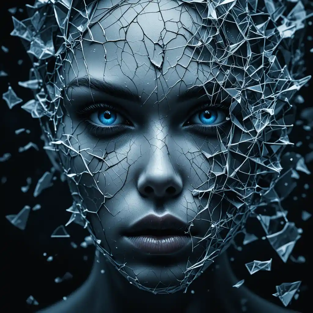 Retrato de mujer que se hace añicos como vidrio en fragmentos de porcelana