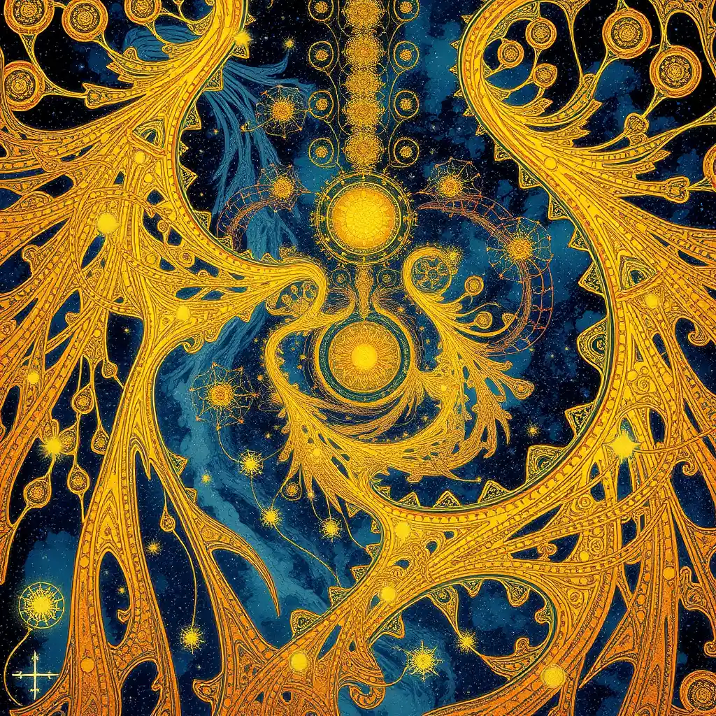 Tapeçaria fractal dourada da existência divina e fantástica