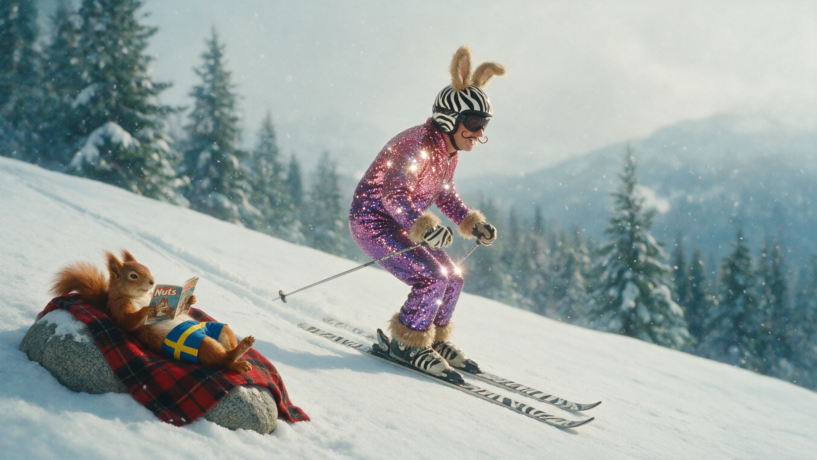 Skieur vintage en combinaison à paillettes sur pente de montagne enneigée