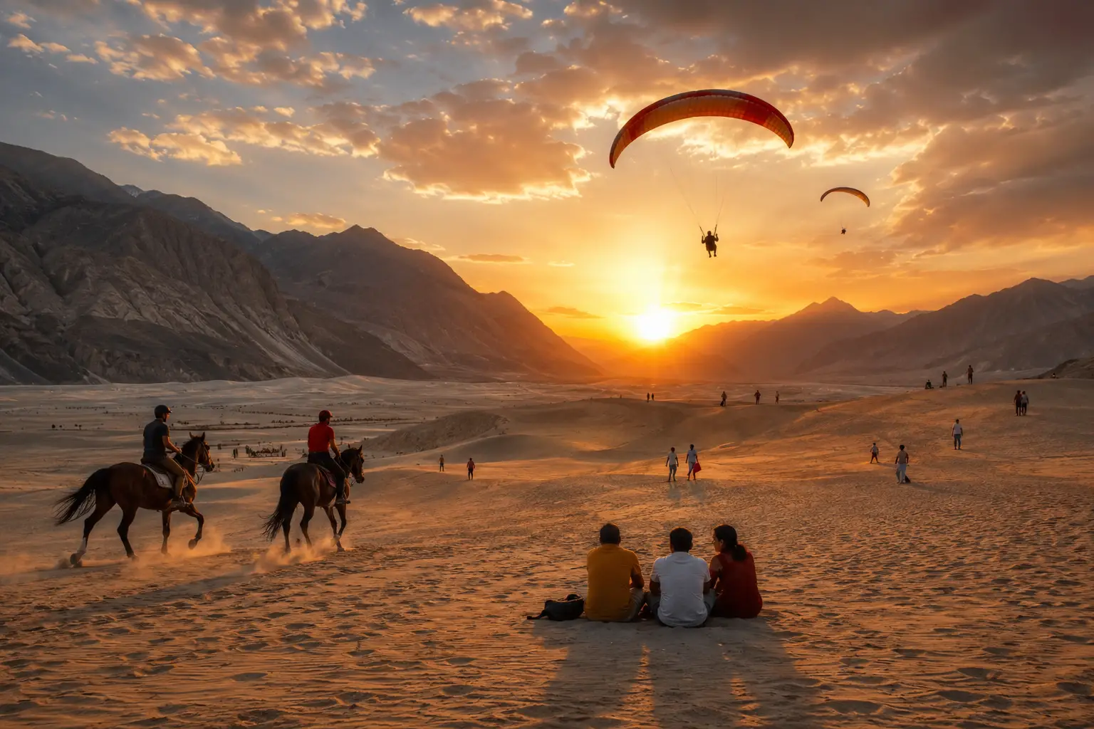 Personas a caballo y en parapente sobre el desierto al atardecer