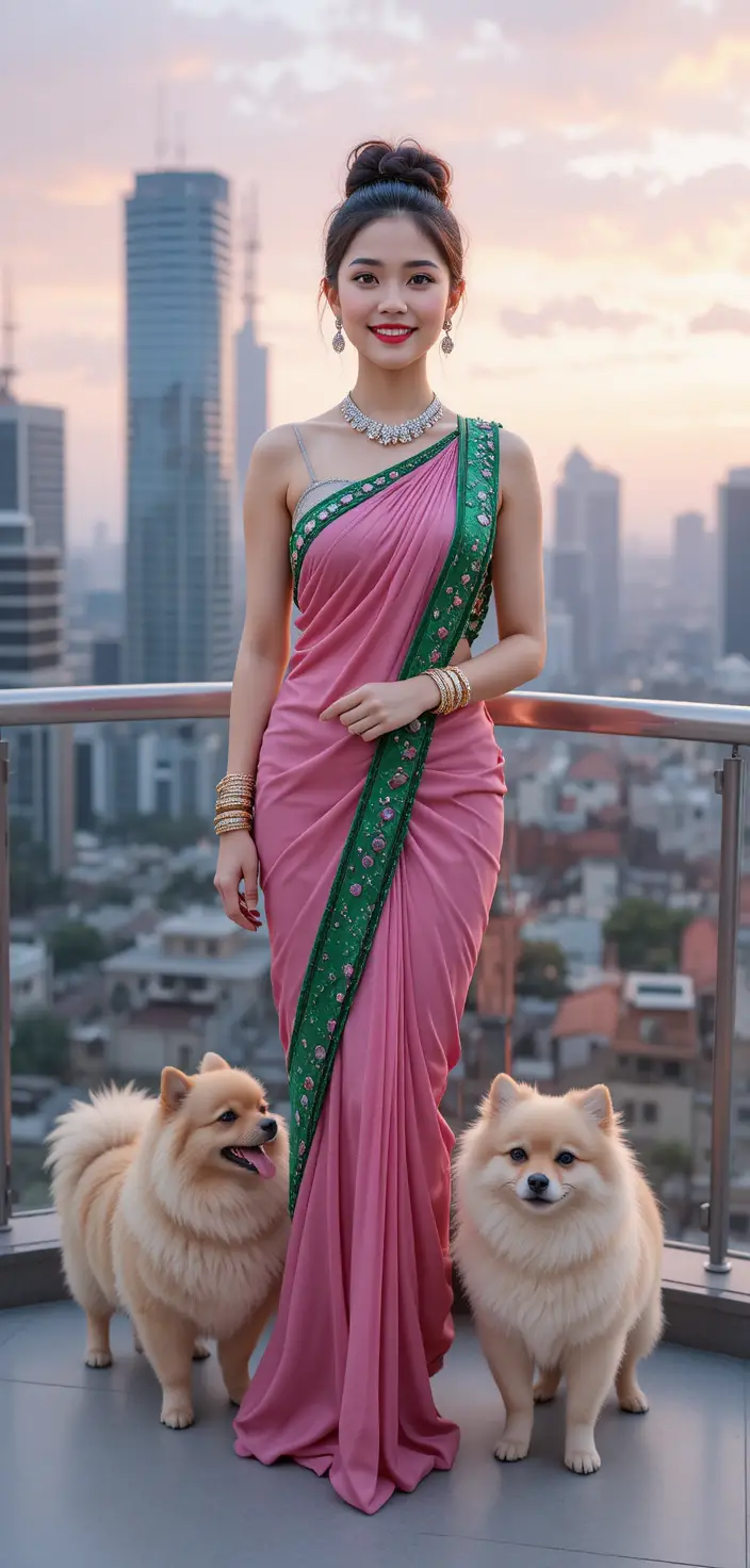 Mujer Sonriente en un Balcón con Perro al Atardecer Rosa