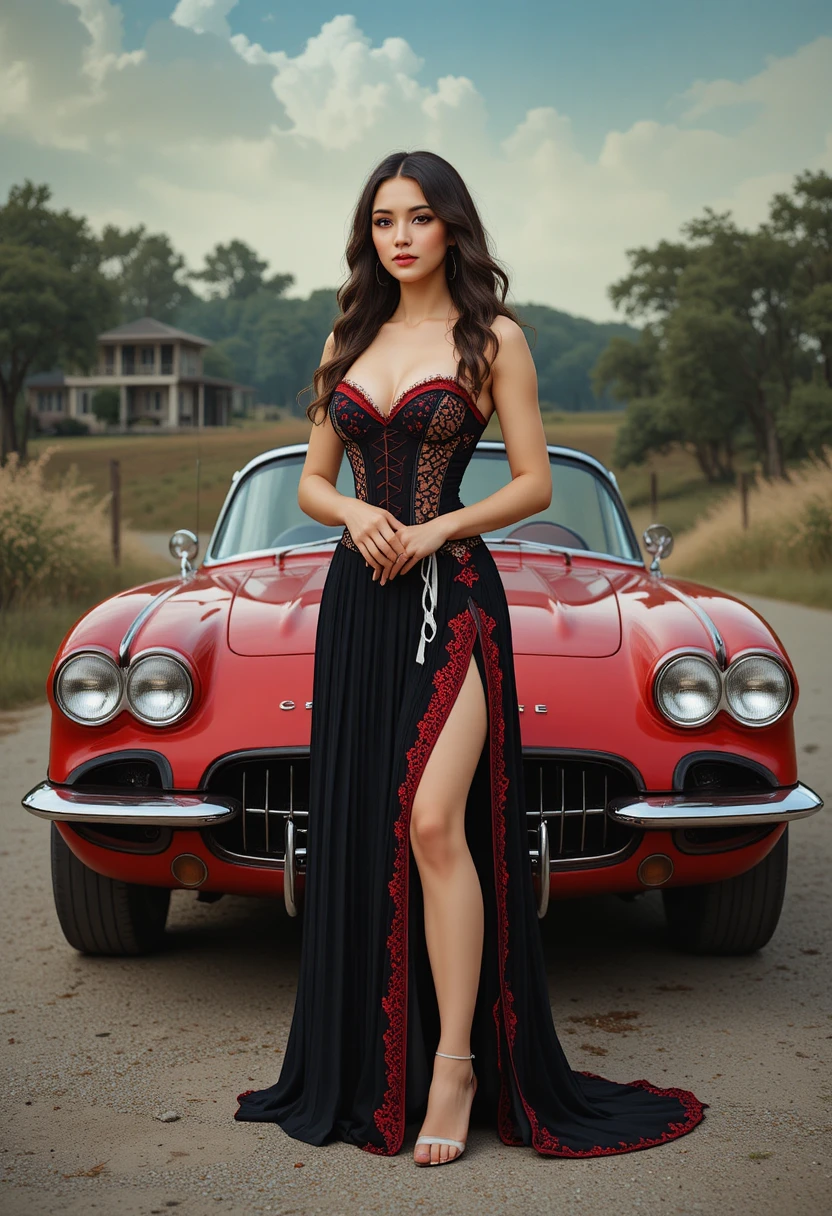 Mona Lisa con Corvette rojo y moda gótica de encaje