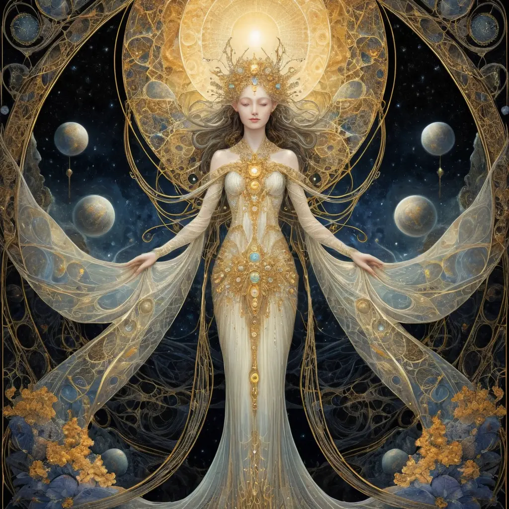 Shimmering golden fractal tapestry of ethereal existence