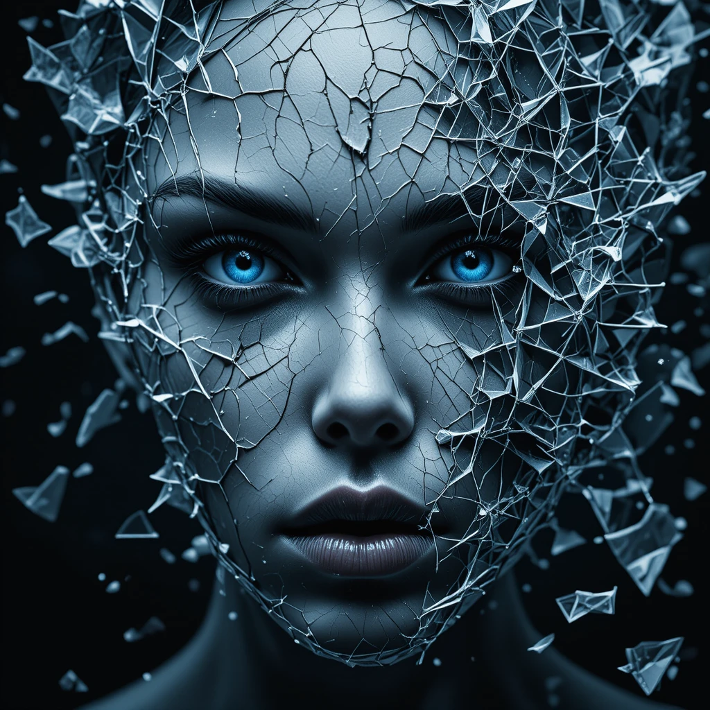 Retrato de mujer que se hace añicos como vidrio en fragmentos de porcelana