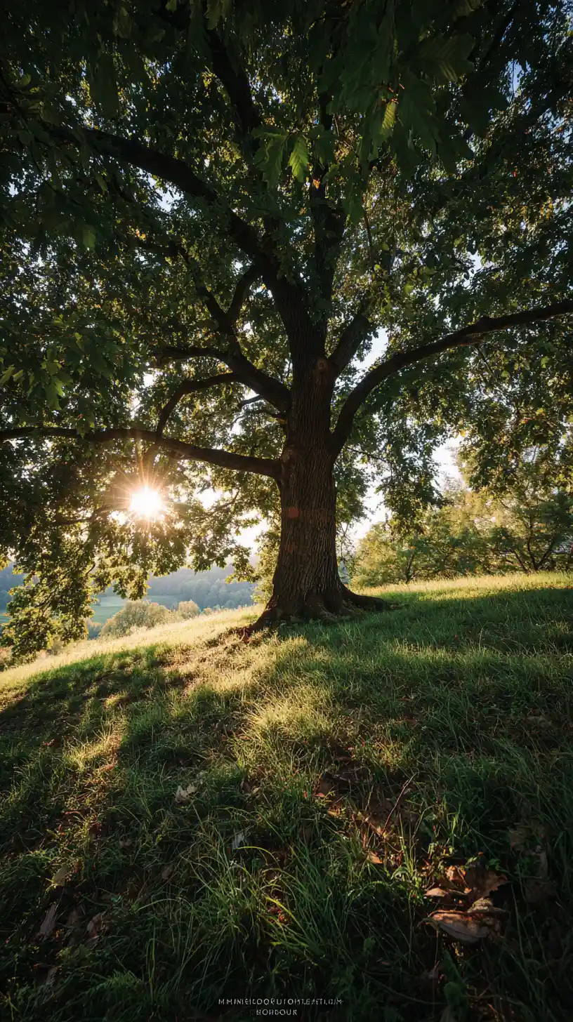 Árbol solitario en una colina al amanecer con una ardilla descansando