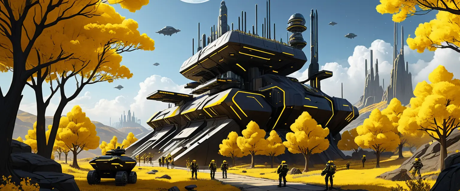 Futuristic mechanized marines in a sci fi canyon base