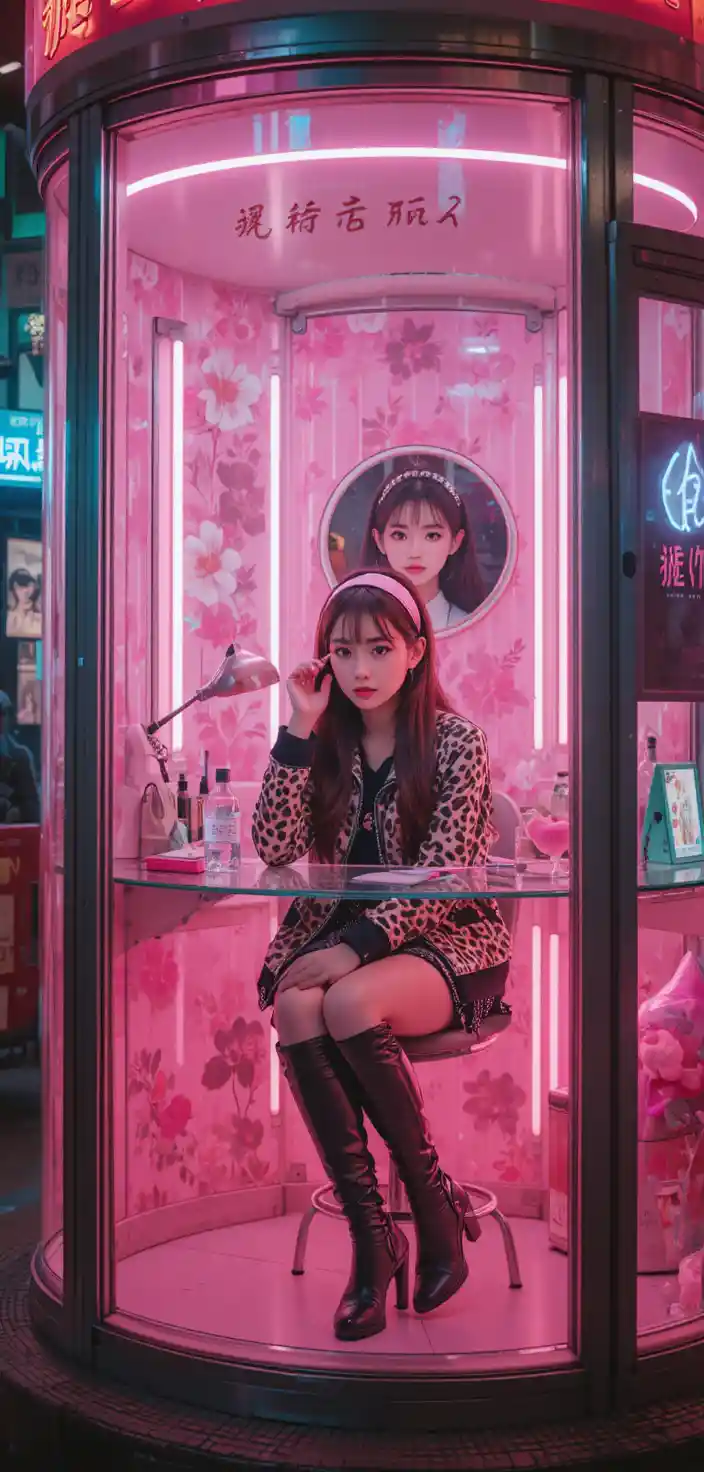 Taiwanese woman applying makeup in neon street glass booth