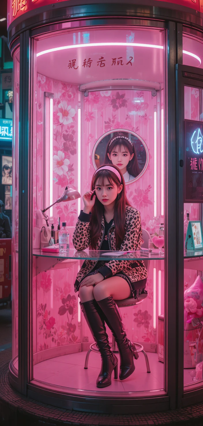 Taiwanese woman applying makeup in neon street glass booth