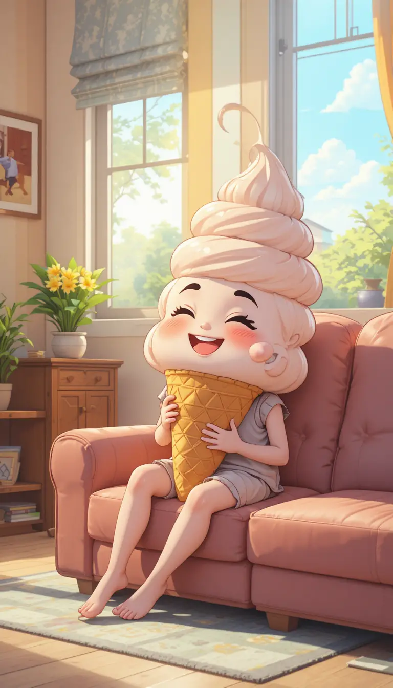 Cono de helado sonriente relajándose en una acogedora sala de estar
