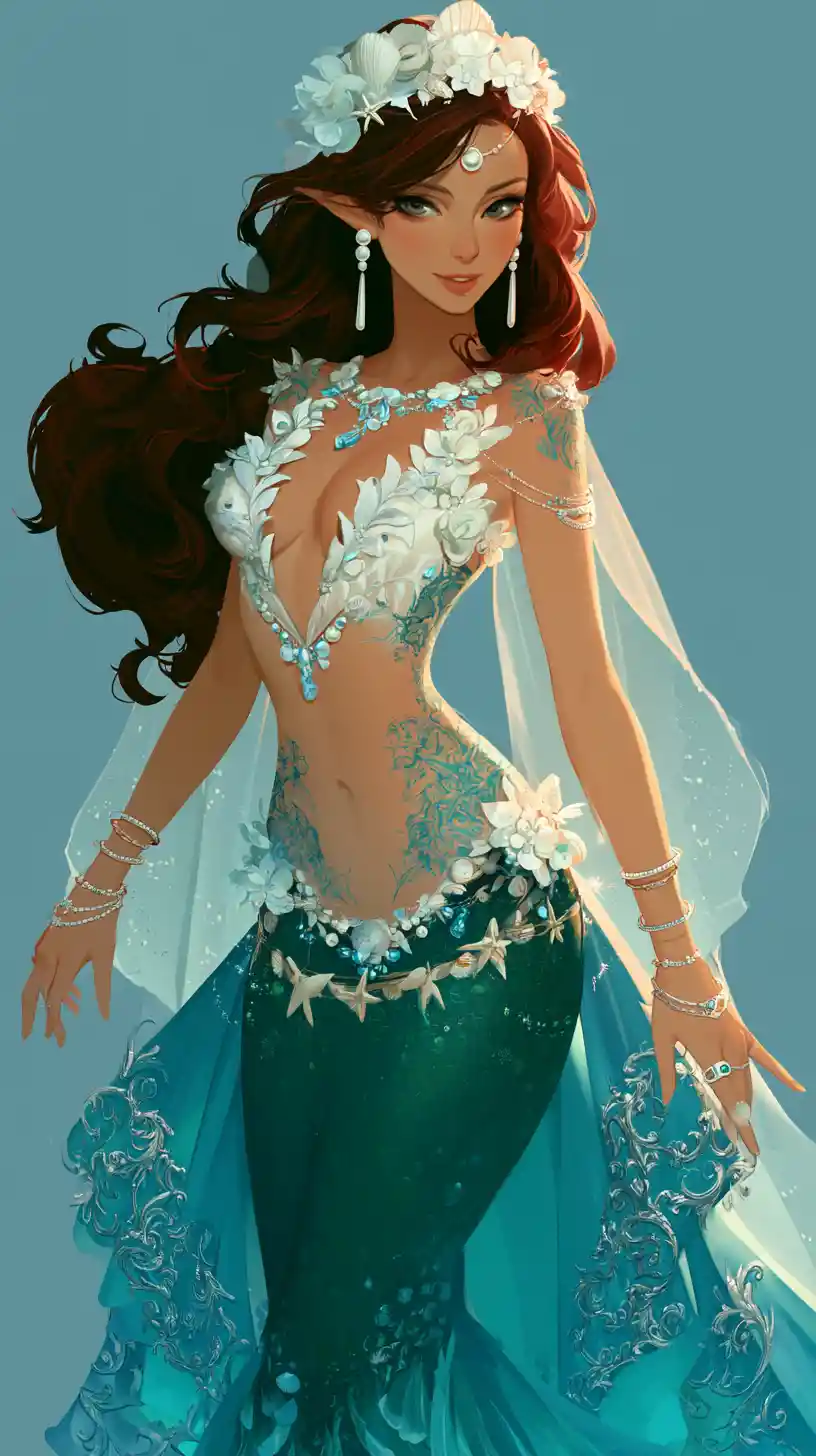 Elegant mermaid girl with emerald tail and ornate sea jewelry