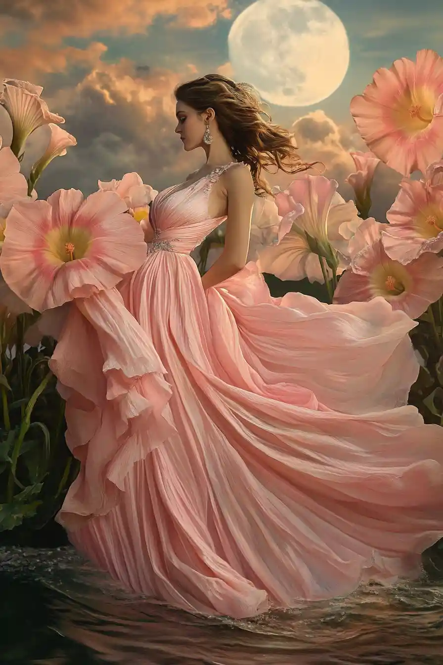Mujer elegante con vestido rosa que se desliza sobre un lago a la luz de la luna
