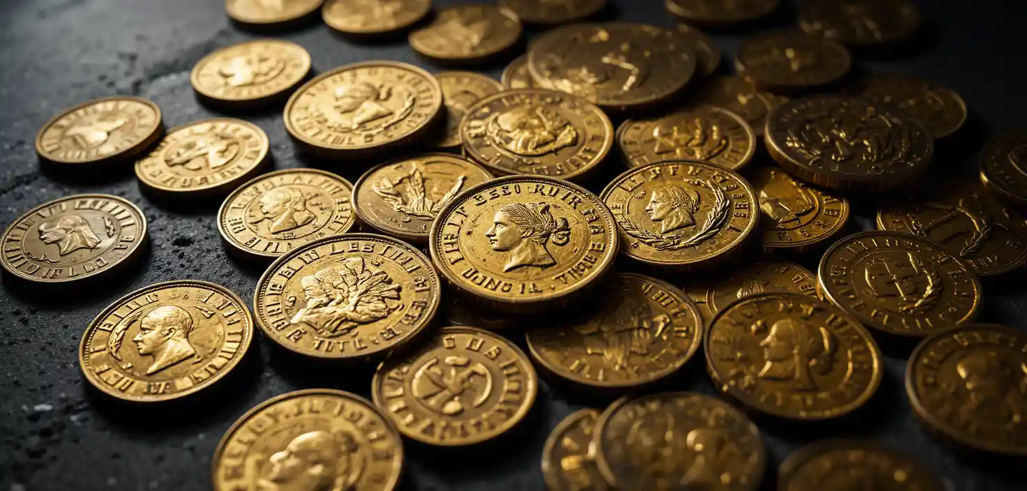 Old gold coins scattered on a dark matte surface