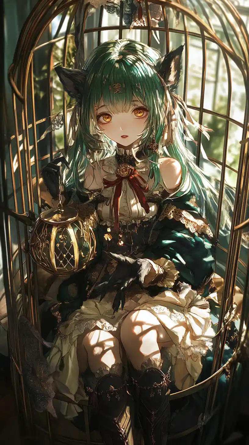 Anime girl singing in a golden cage of colorful pillows