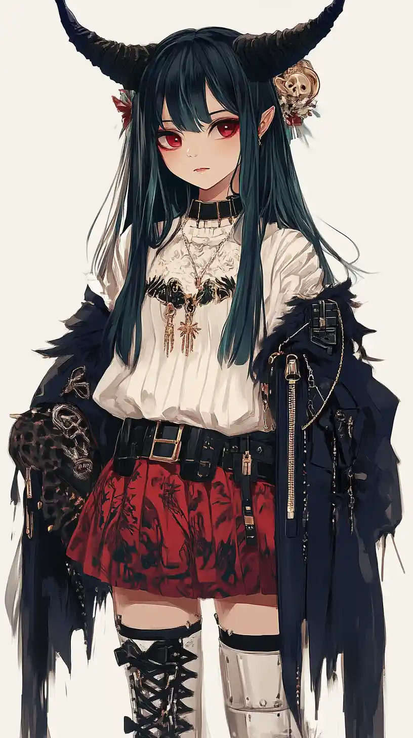 Chica de anime con cuerno demoníaco y atuendo urbano ornamentado