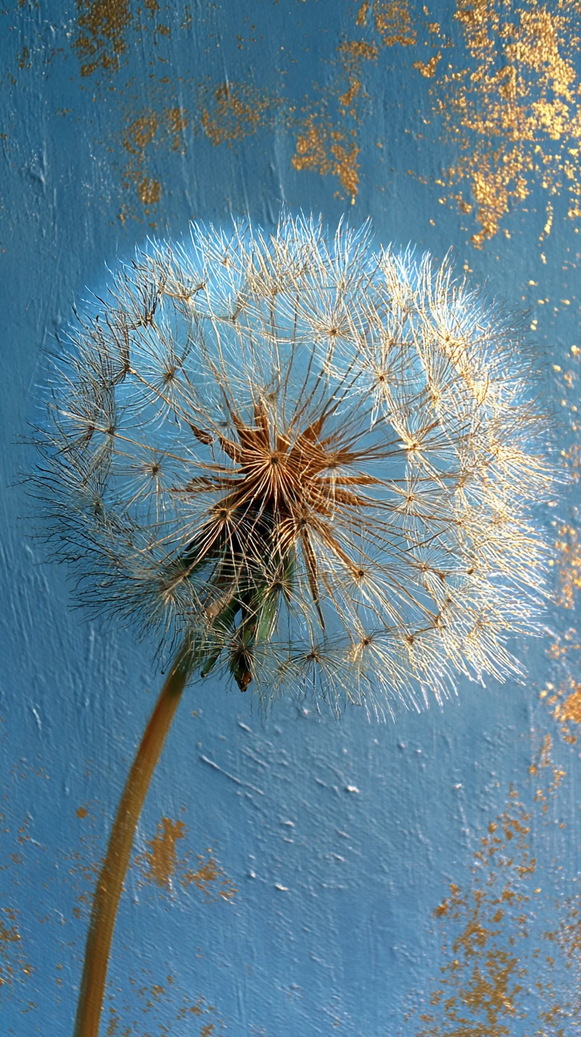 Blau-goldene Pusteblumensamen im sanften Licht