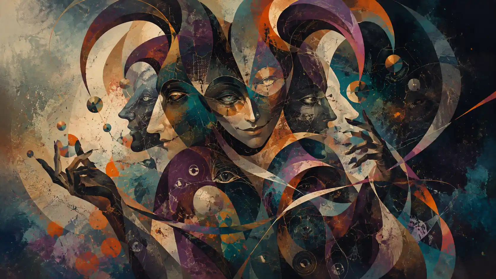 Abstract trickster figure made of layered repeating silhouettes
