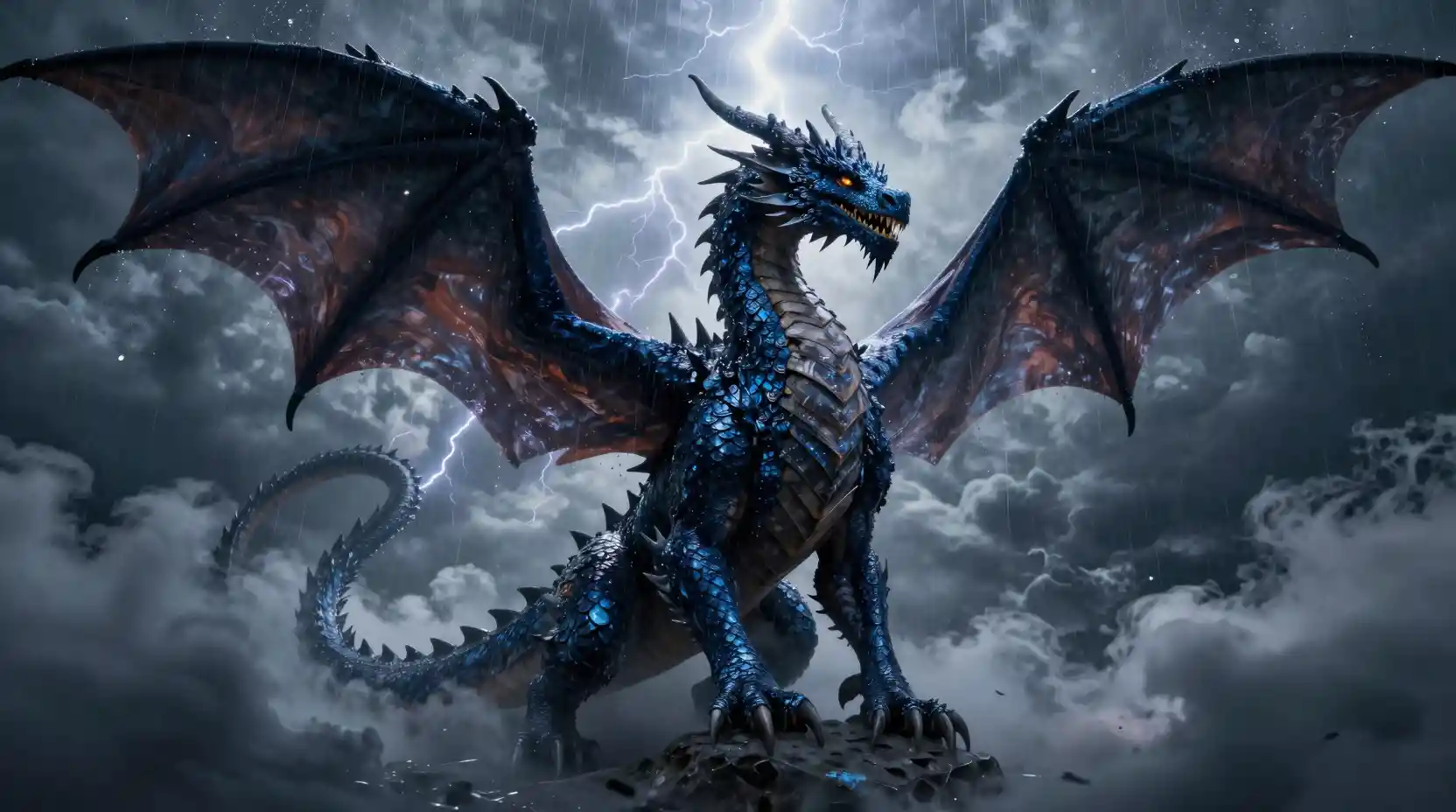 Midnight dragon emerging from storm clouds with lightning