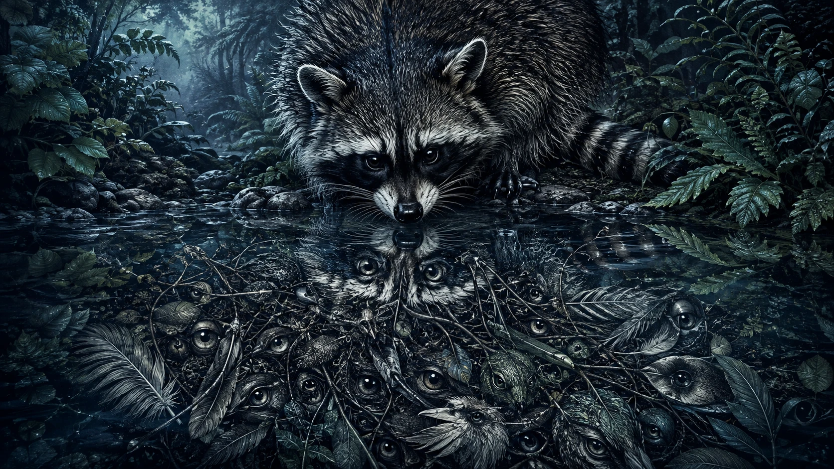 Raccoon At Twilight Gazing Into A Surreal Forest Reflection
