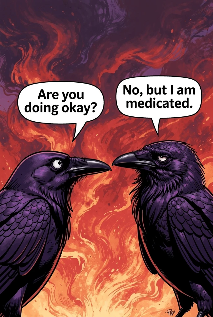 Two purple crows facing each other in fiery abstract colors