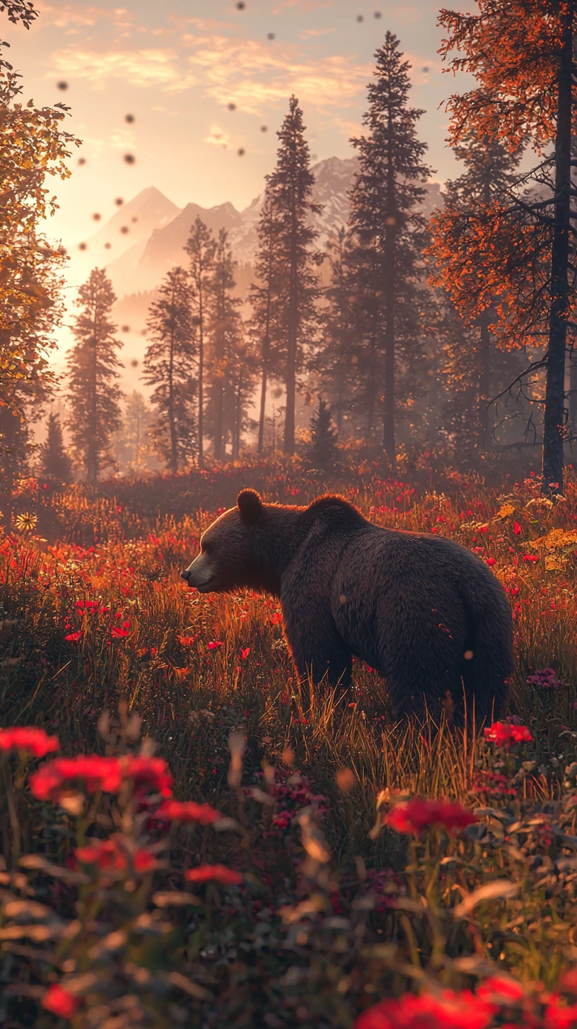 Cinematic bear in foggy forest with dramatic light rays