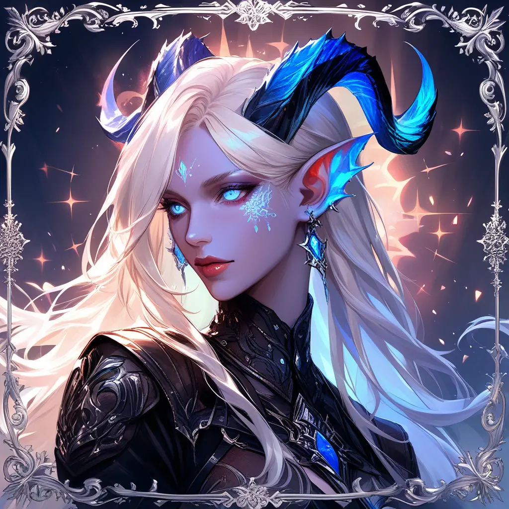 Guerreira tiefling em armadura de couro vermelha e preta