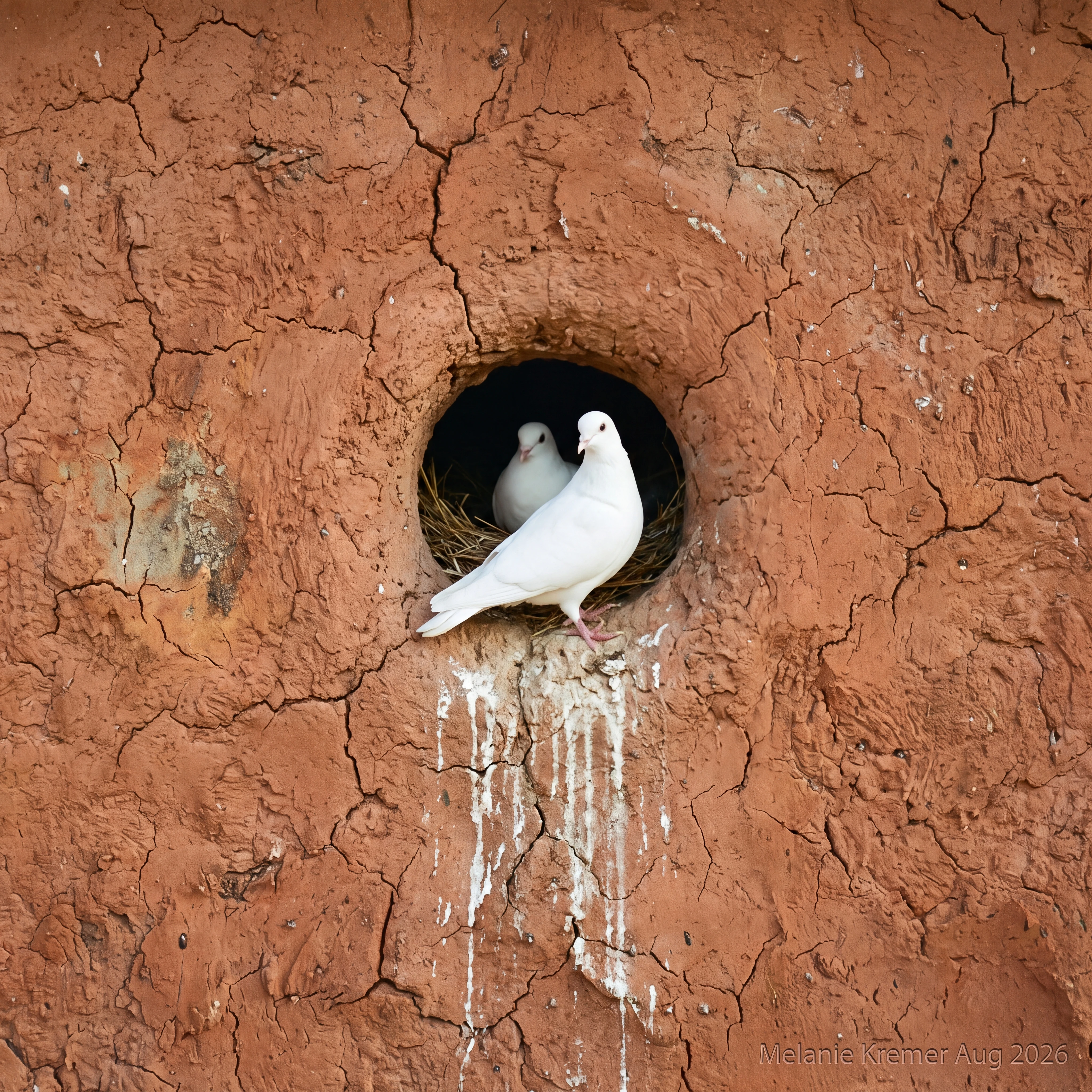 White doves nesting in a weathered red clay wall