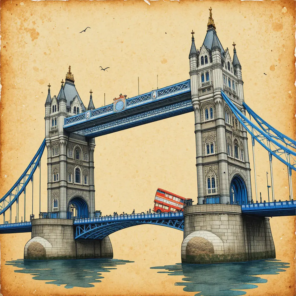 Collage fantaisiste du Tower Bridge avec bus rouge