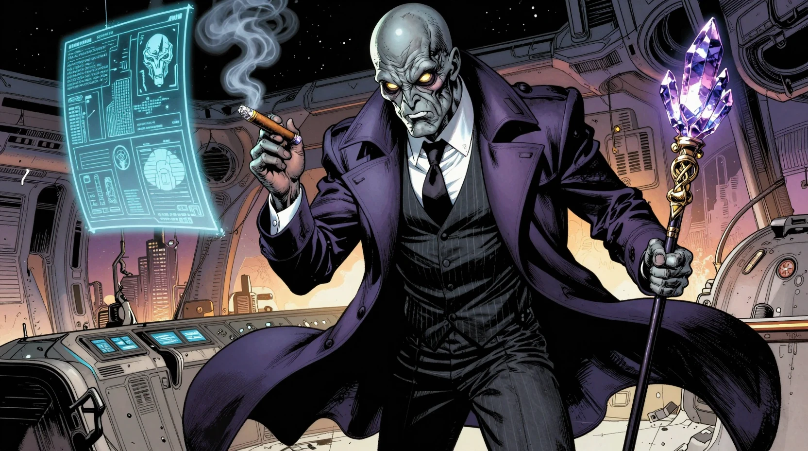 Jefe criminal alienígena en una oficina de estación espacial futurista