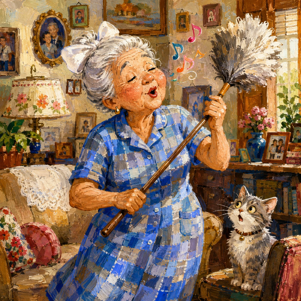 Abuela alegre quitando el polvo en una acogedora sala de estar