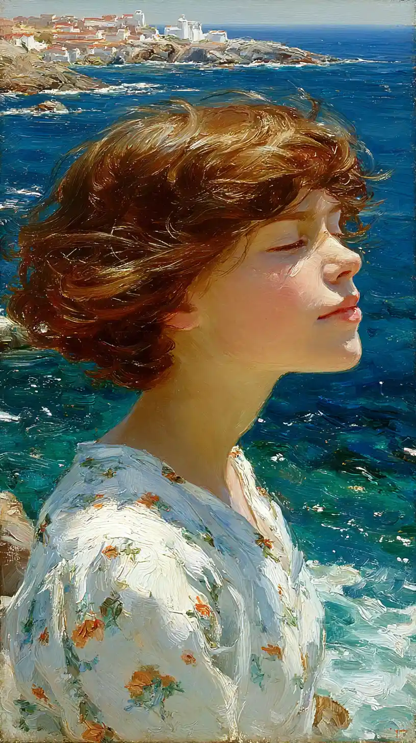 Giovane donna di profilo accanto a un mare tranquillo illuminato dal sole
