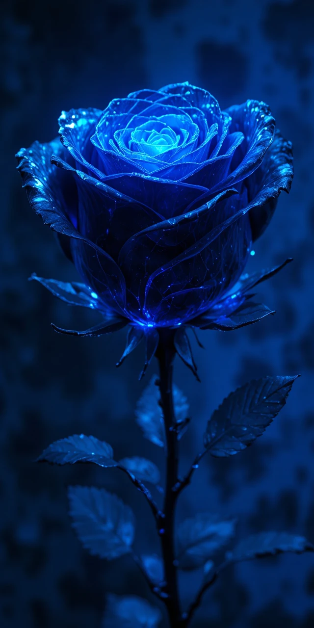 Black glass rose glowing with eerie blue digital light