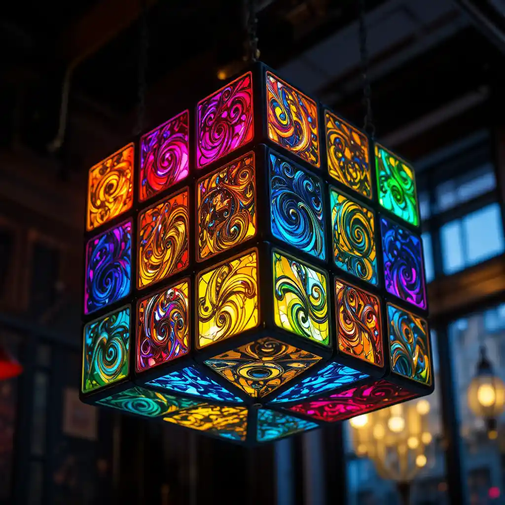 Stained Glass Rubik Cube Floating In Warm Soft Light
