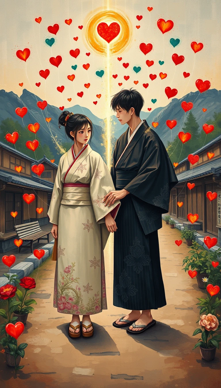 Pareja con kimonos tradicionales en una serena escena del antiguo Japón