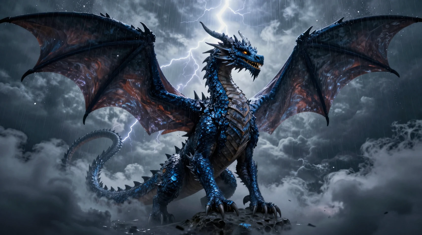 Midnight dragon emerging from storm clouds with lightning