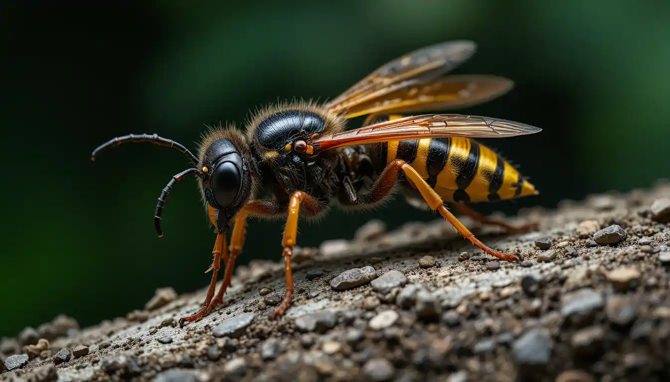 Macro hornet on textured tree bark in natural light