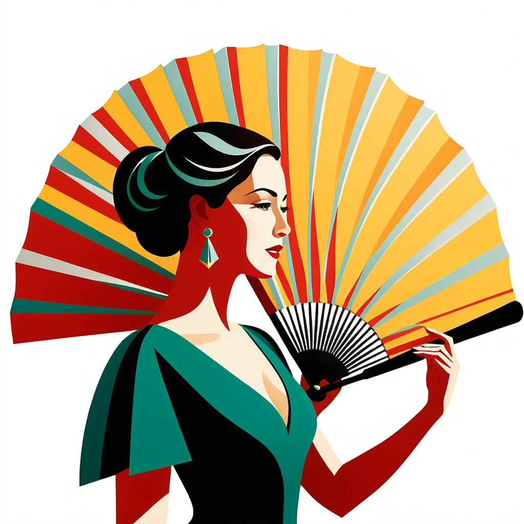 Elegant woman opening a large geometric folding fan