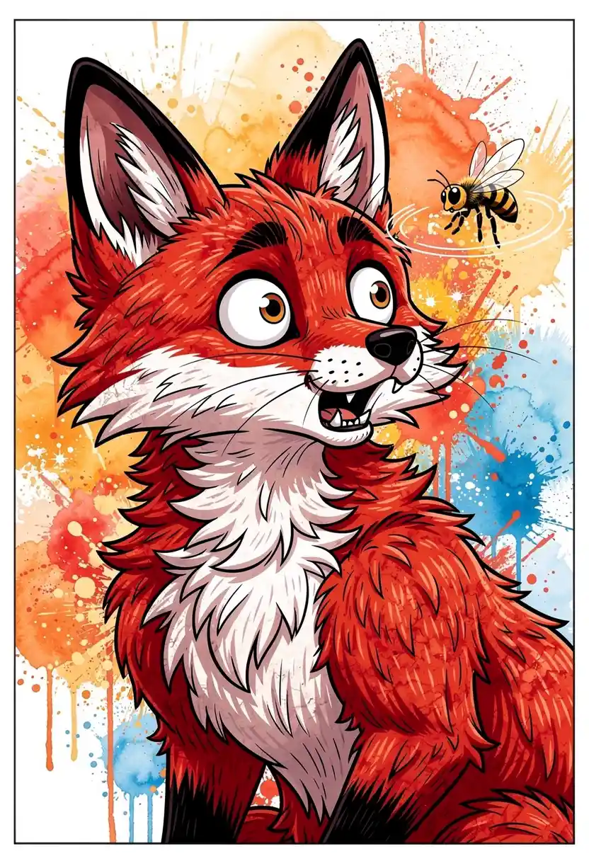 Renard surpris aux yeux écarquillés et abeille bourdonnante – illustration